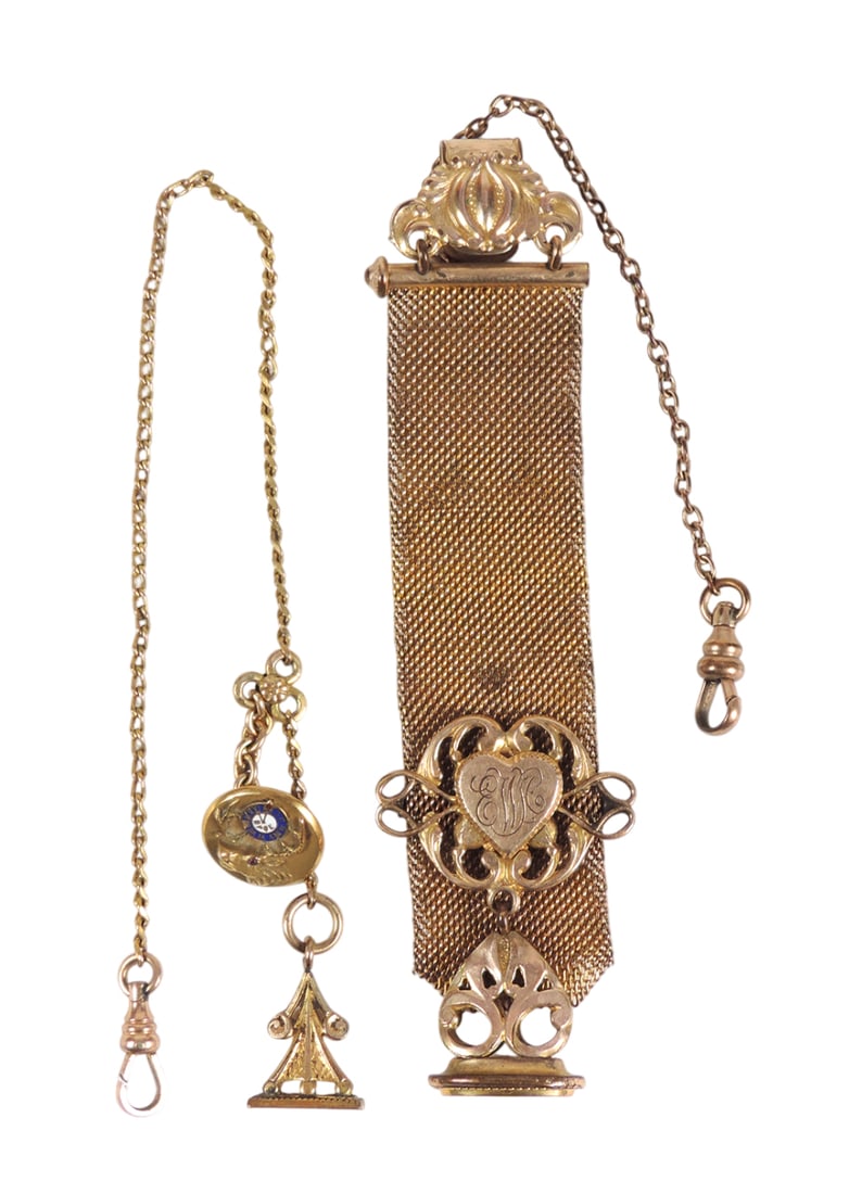 Victorian Pocket Watch Fob/Charms (2), mesh w/chain, gold-toned, monogram & Watch Chain, BPOE Elk... (1 of 3)