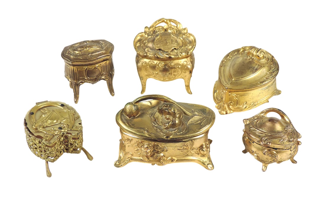 Art Nouveau Jewelry Caskets (6), cast metal w/gold gilt finish, includes heart-shaped, embossed W... (1 of 1)