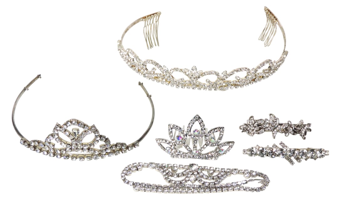 Rhinestone Bridal Jewelry (6), Barrette embossed Made in France, Barrette embossed ©Monet, Hair: Rhinestone Bridal Jewelry (6), Barrette embossed Made in France, Barrette embossed ©Monet, Hair Clip, Necklace & (2) Tiaras, all are beautifully designed w/clear rhinestones/silver-tone, c. early