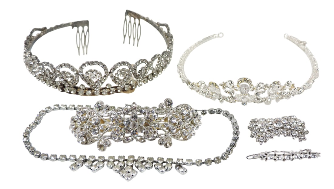 Rhinestone Bridal Jewelry (6), Tiara w/gold-tone crystals/clear rhinestones set in silver-tone me...: Rhinestone Bridal Jewelry (6), Tiara w/gold-tone crystals/clear rhinestones set in silver-tone metal, Tiara w/clear rhinestones/heavier construction, Victorian inspired Barrettes w/silver-tone/clear r