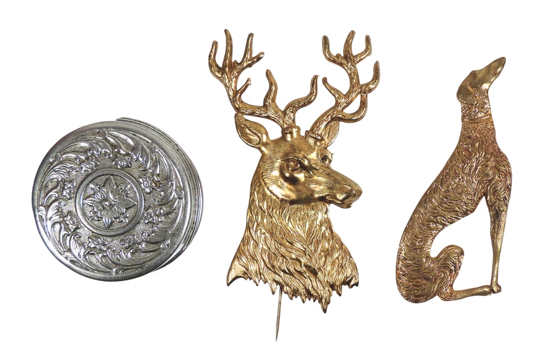 Art Deco Jewelry (3), Greyhound Brooch, Elk Stick Pin, golden patina, brass & Collapsible Cup, si... (1 of 2)