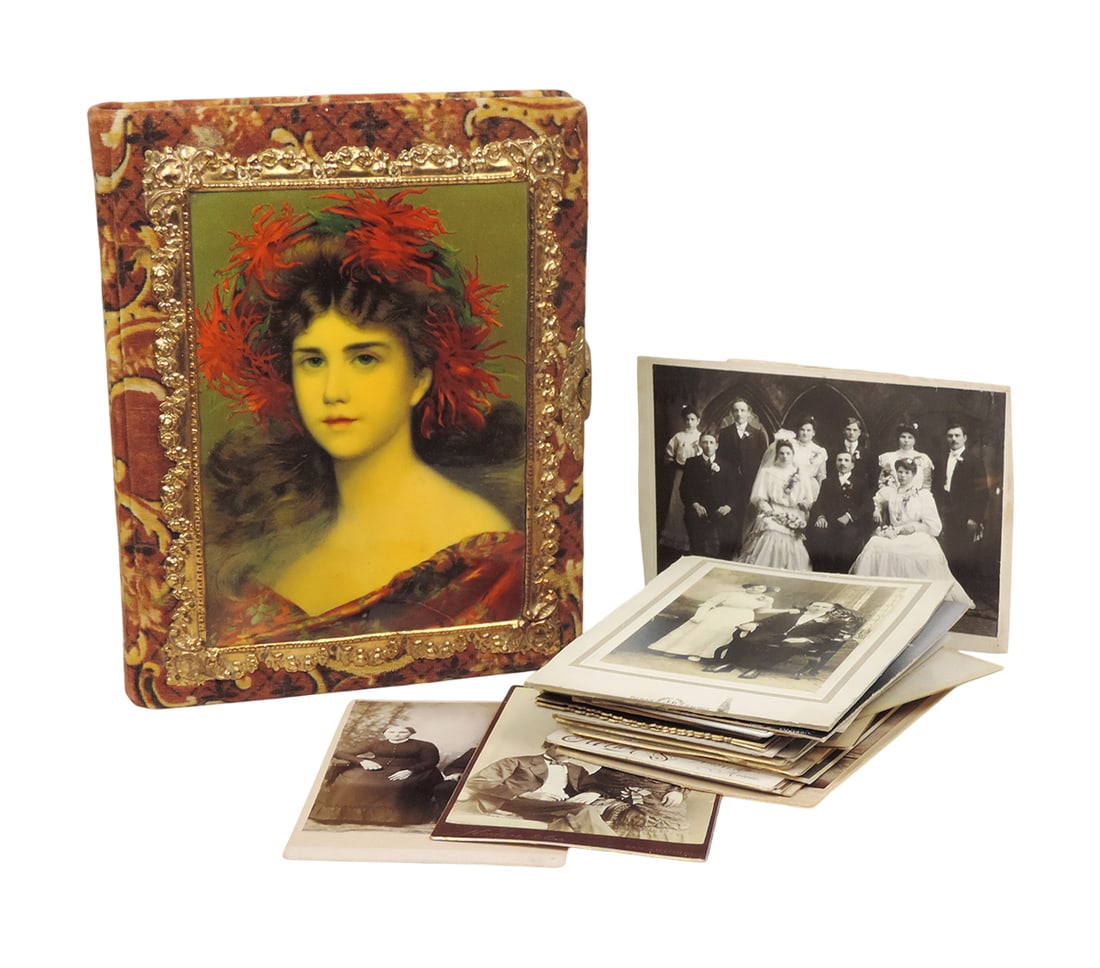 Victorian Cabinet Card Album w/Cabinet Cards (56), celluloid cover w/Lady, ornate brass details, ...: Victorian Cabinet Card Album w/Cabinet Cards (56), celluloid cover w/Lady, ornate brass details, binding reinforced w/tape, 11 heavy cardstock pgs w/gold foil pockets, covered in velvet, includes 18 c
