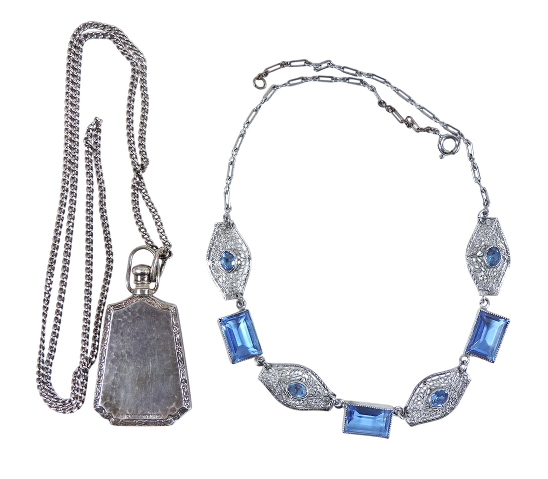 Art Deco Jewelry (2), Necklace, silver plated, filigree, blue enamel crystal glass & Birk Sterlin... (1 of 1)