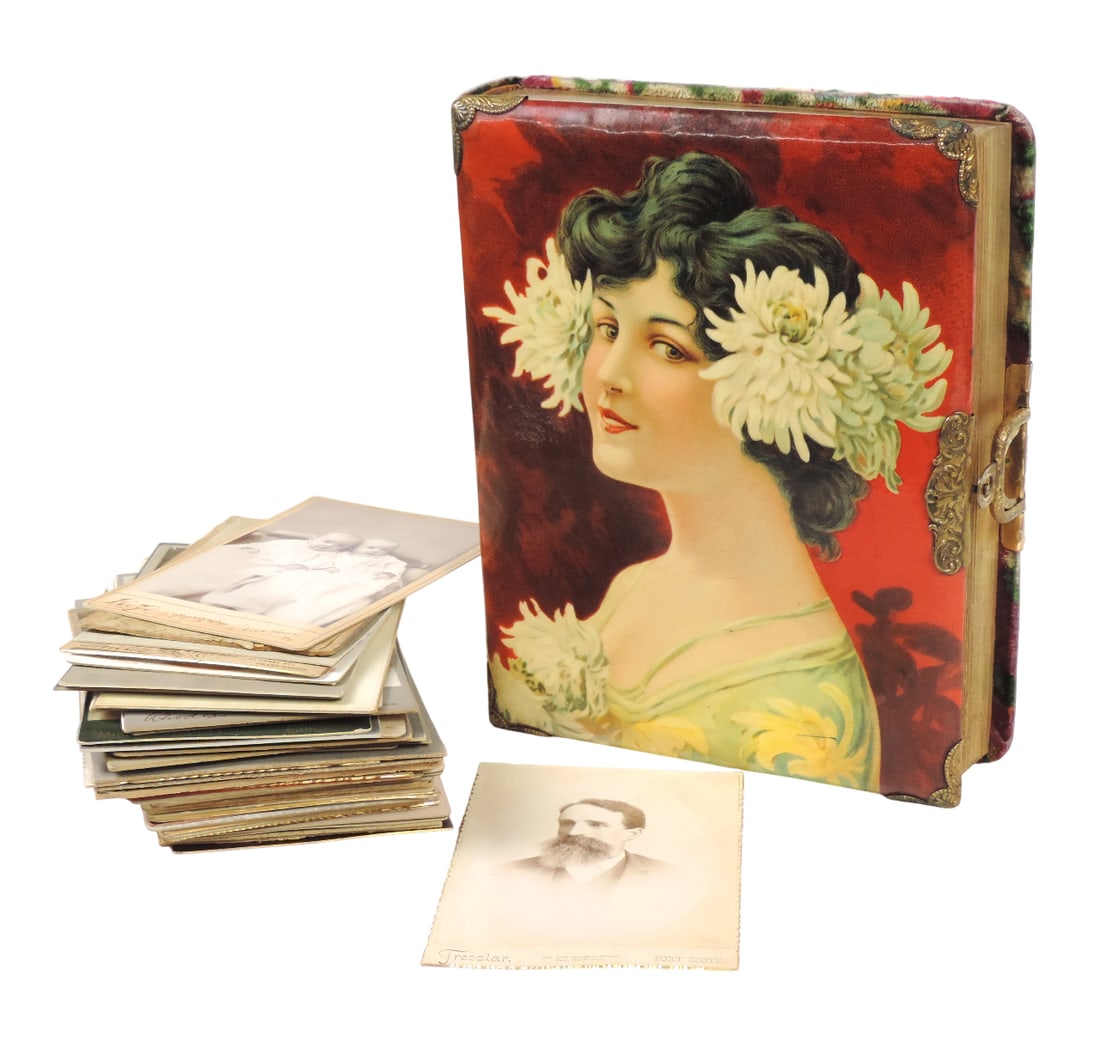 Victorian Cabinet Card Album w/Cabinet Cards (55), celluloid cover w/Lady, ornate brass details, ... (1 of 8)