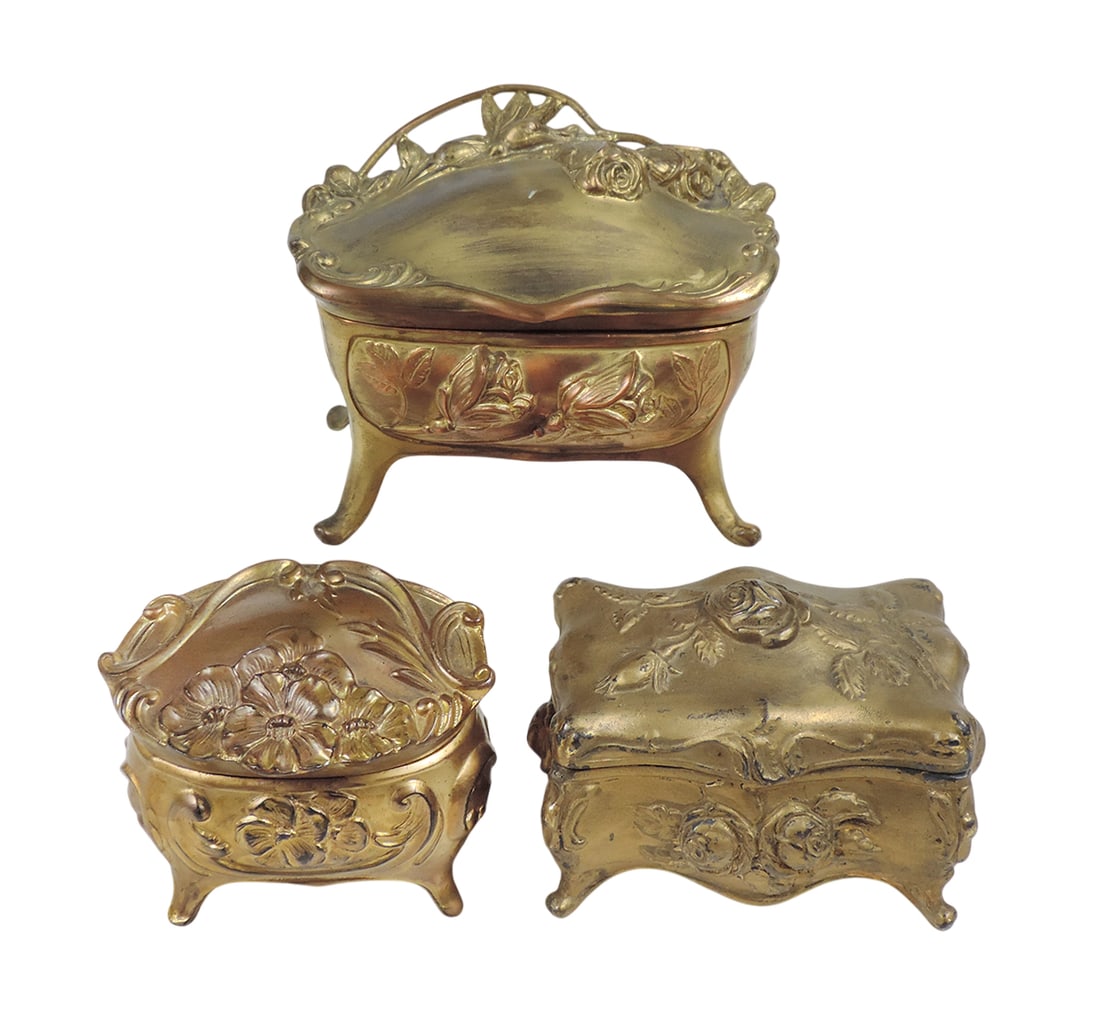 Victorian Jewelry Caskets (3), cast metal w/gold-tone finishes, featuring floral designs & hinged... (1 of 1)