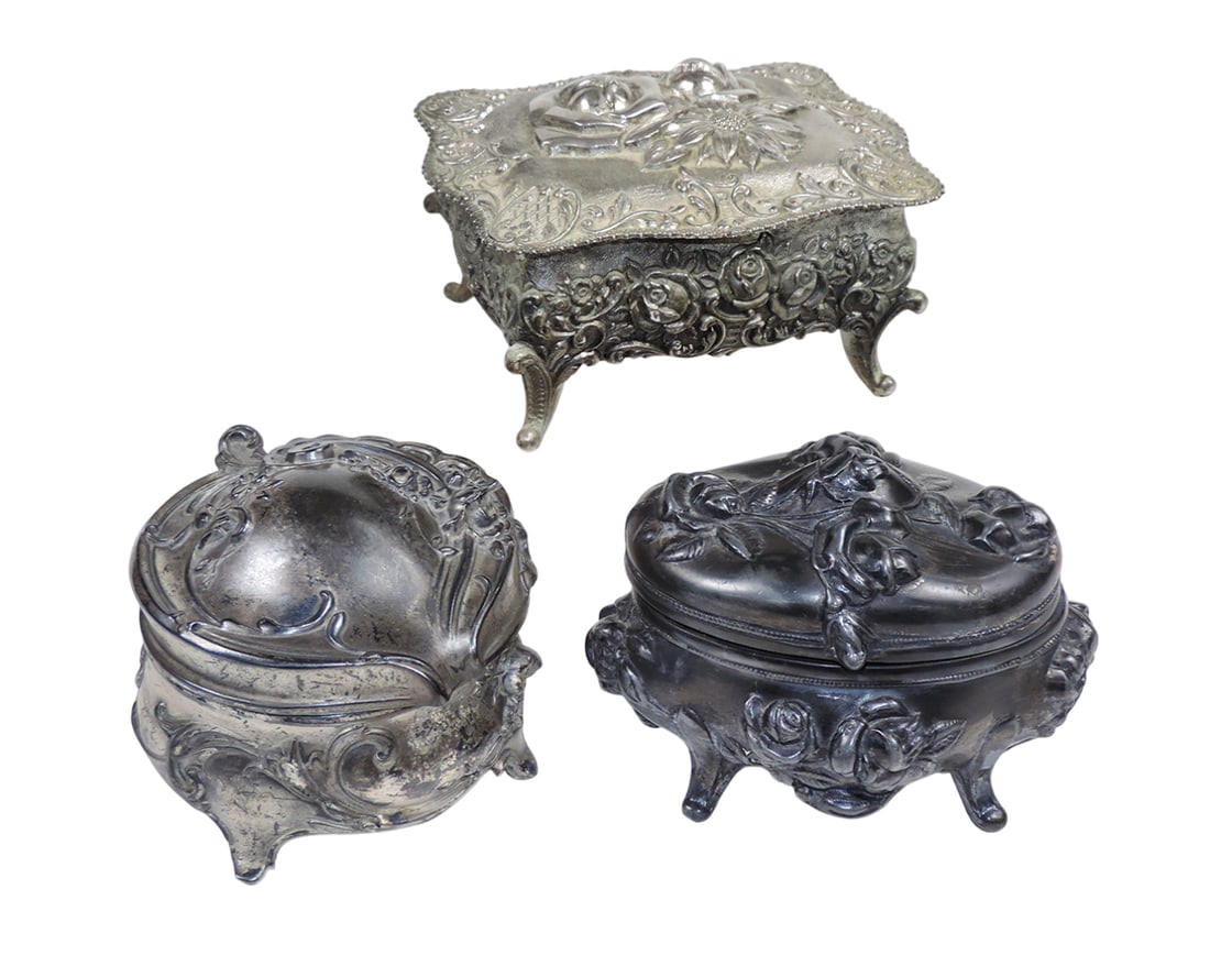 Victorian Jewelry Caskets (3), cast metal w/silver/black tone finishes, featuring floral design &... (1 of 1)
