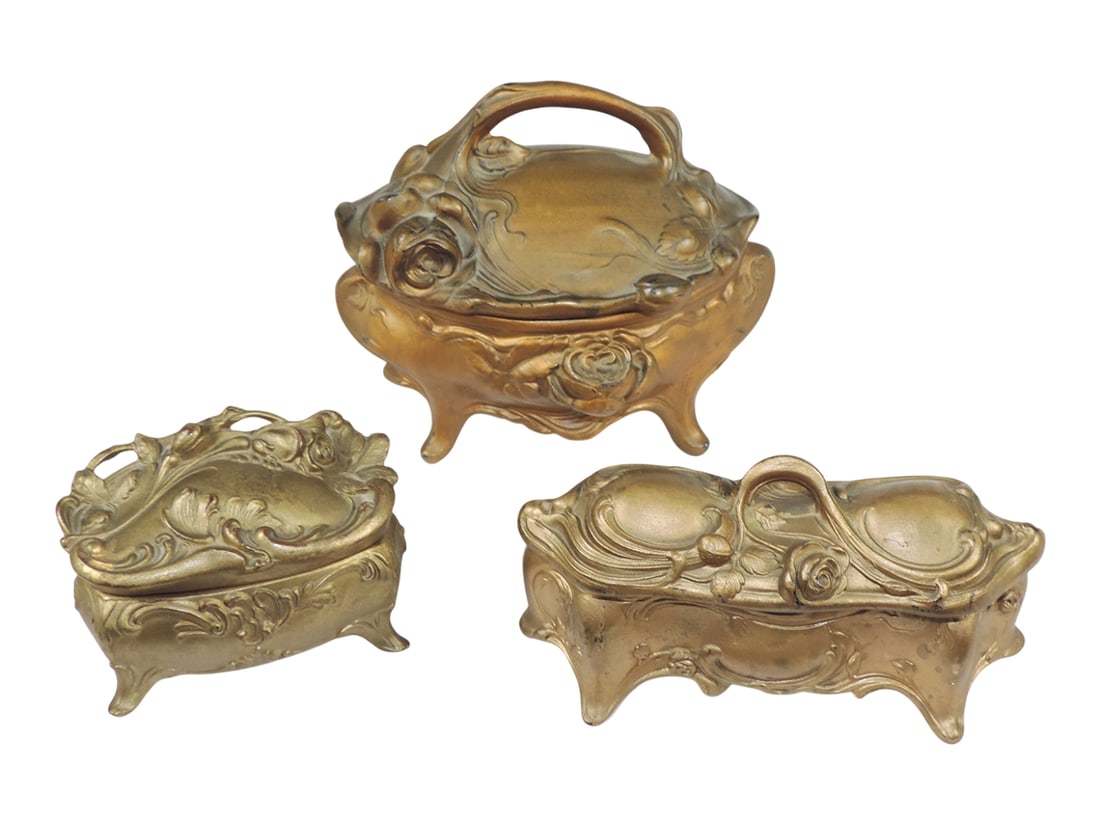 Victorian Jewelry Caskets (3), cast metal w/gold gilt finish, featuring rose design, 2 have silk ...: Victorian Jewelry Caskets (3), cast metal w/gold gilt finish, featuring rose design, 2 have silk lining, hinged lids, c. late 1800s-early 1900s, Exc cond, up to H 5.5 x W 3.6 x D 4 in.