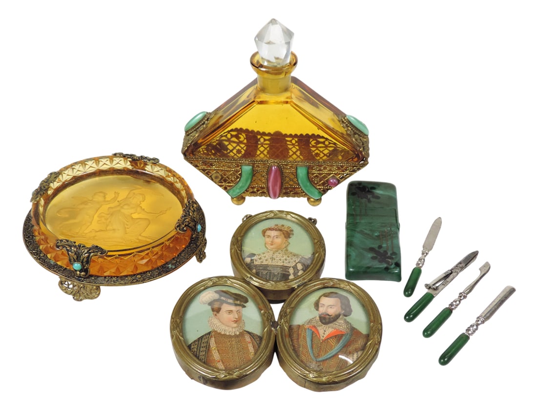 Victorian Vanity Items (4), Perfume Bottle, amber/metal filigree design w/colored jewels, not ori... (1 of 3)