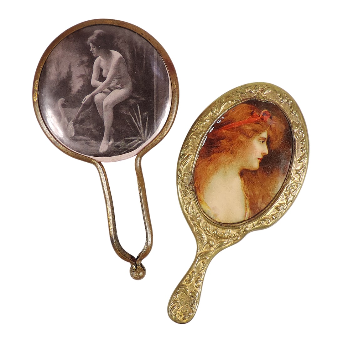 Victorian Mini Purse Mirrors (2), celluloid/gilded brass/bronze, features portrait miniatures, ag... (1 of 2)