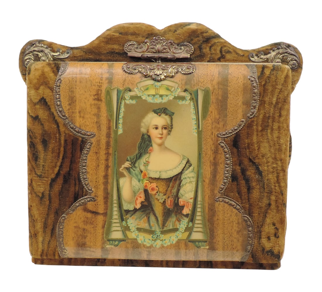 Victorian Cabinet Card Album, 12 heavy cardstock pgs filled w/33 various Cabinet Cards, gilded br...: Victorian Cabinet Card Album, 12 heavy cardstock pgs filled w/33 various Cabinet Cards, gilded bronze/brass clasps/accents, Woman celluloid cover, velvet covering over wood, c. late 1800s, VG cond w/s
