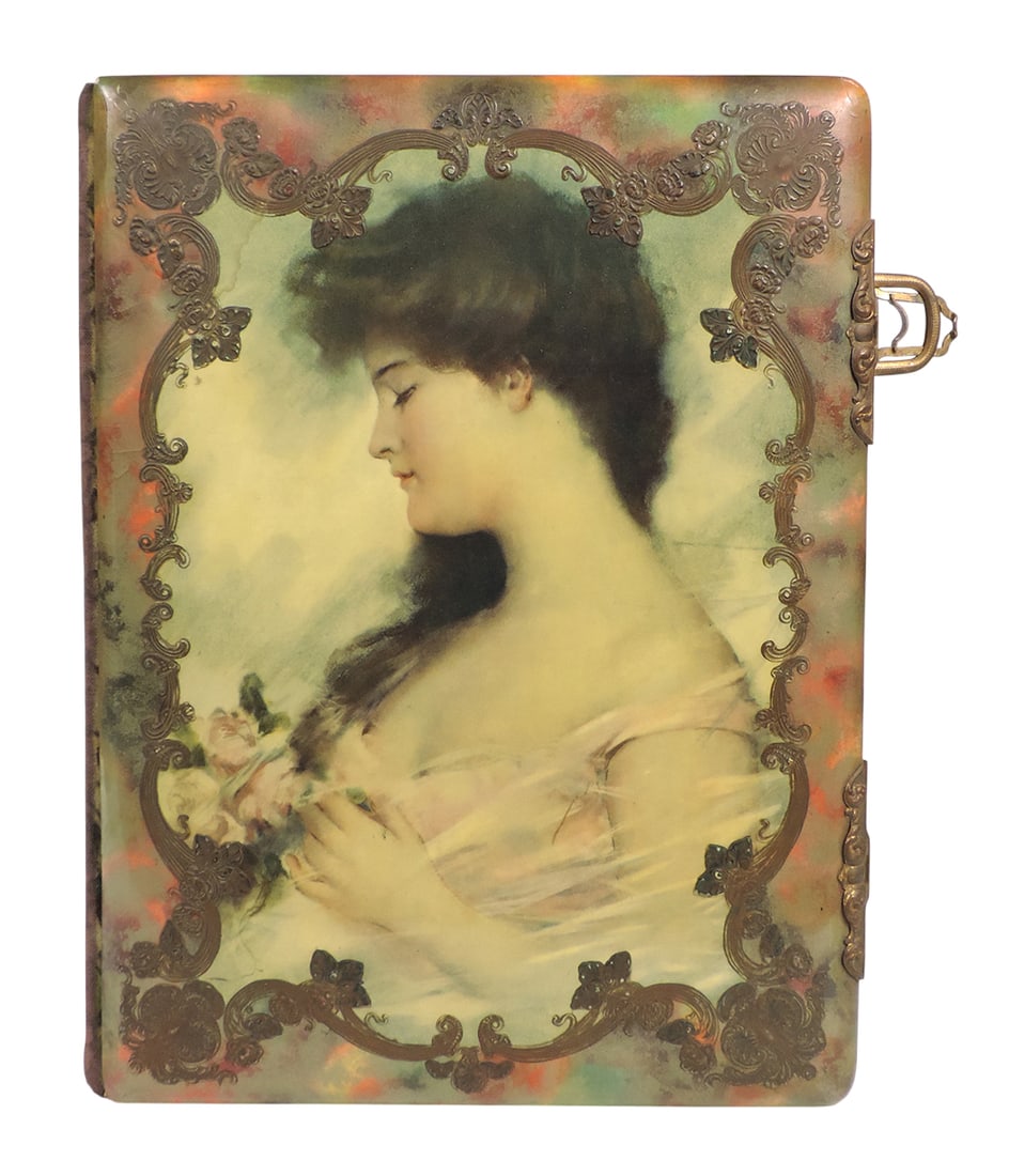 Victorian Cabinet Card Album w/Cabinet Cards, 16 heavy cardstock pgs filled w/28 various Cabinet ...: Victorian Cabinet Card Album w/Cabinet Cards, 16 heavy cardstock pgs filled w/28 various Cabinet Cards, gilded bronze/brass double clasps (one missing), Woman celluloid cover, velvet covered over wood