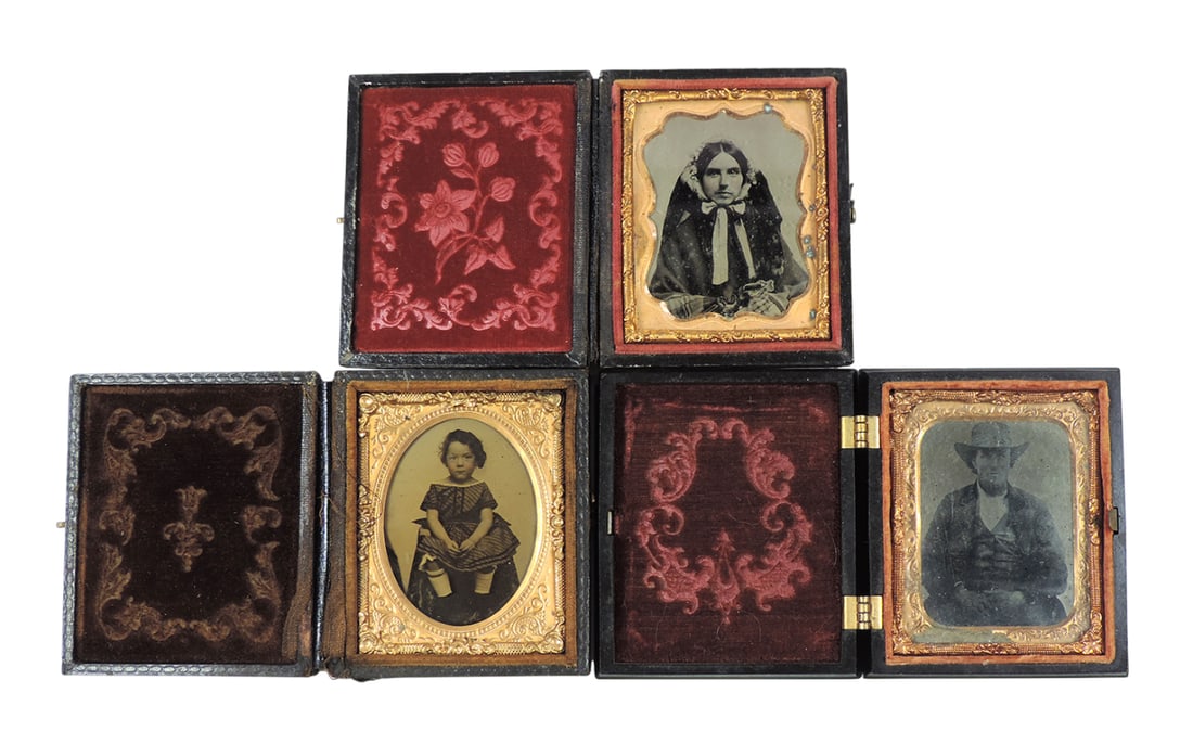 Daguerreotype Cases (3), 2 w/tintypes, 1 w/ambrotype, one w/thermoplastic Genuine UNION CASE, Imp... (1 of 2)