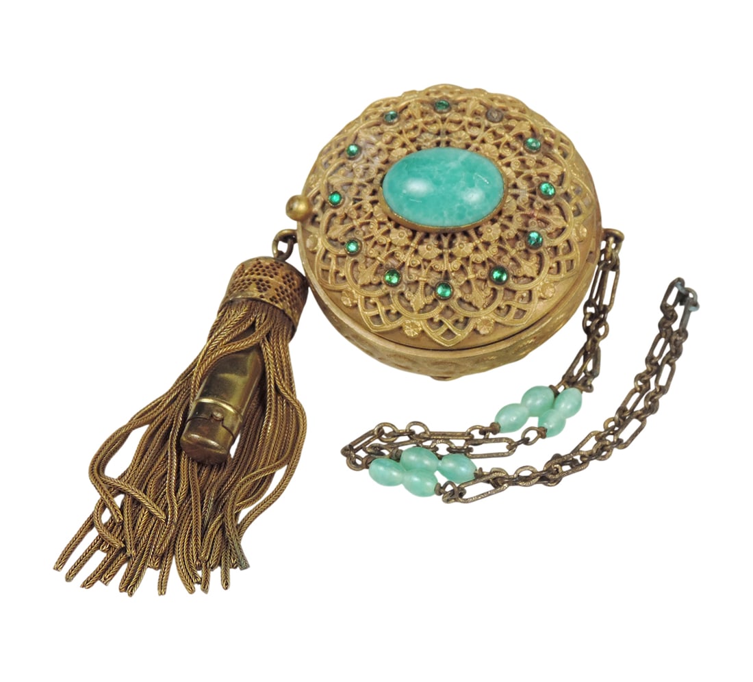 Art Deco Powder Compact/Lipstick, brass/filigree design w/colored jewels/rhinestones (1 missing),... (1 of 3)