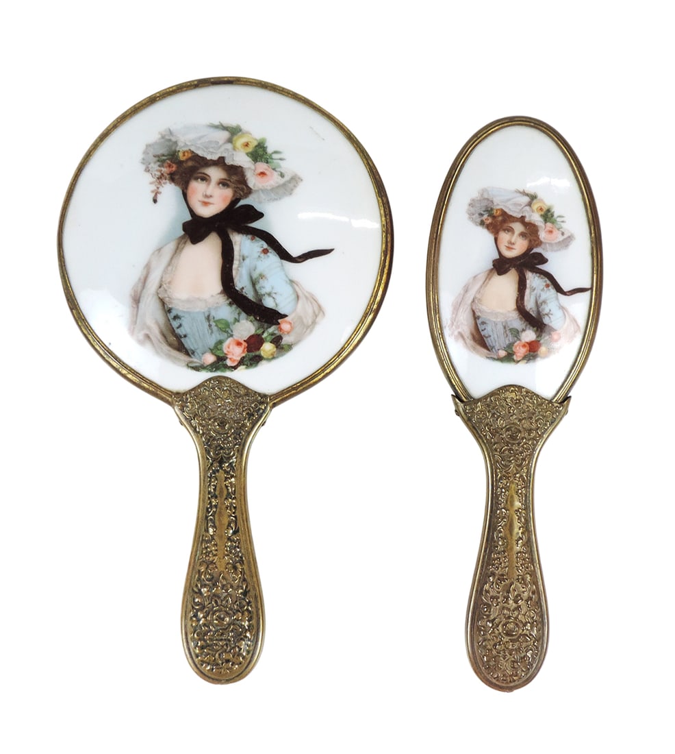 Victorian Vanity Set (2), Hand Mirror & Hairbrush, features beautiful Victorian lady on porcelain & (1 of 2)