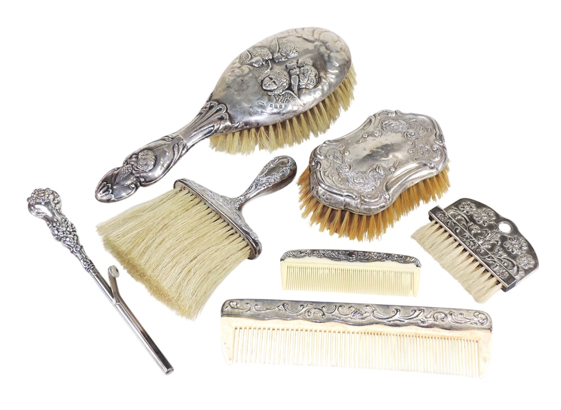 Victorian Vanity Set (7), STERLING Silver Hairbrush, embossed B & Co (Broadway Silversmith), cher...: Victorian Vanity Set (7), STERLING Silver Hairbrush, embossed B & Co (Broadway Silversmith), cherub/angel motifs, STERLING Silver Hat/Bonnet Crumb Brush, embossed STERLING, Silver-Plated Crumb Brush, 