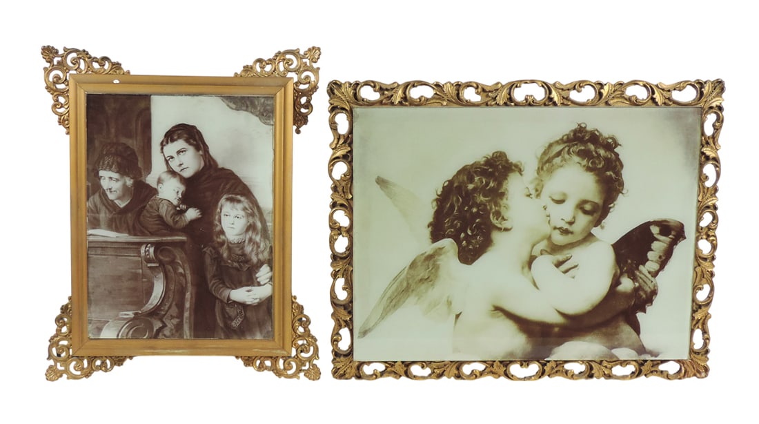 Victorian Chromolithograph Prints (2), "First Kiss," print behind glass in gold wood frame w/wire... (1 of 1)