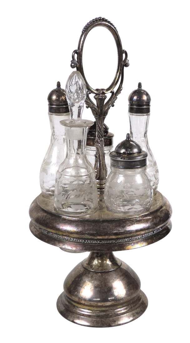Victorian Cruet Set, Willcox Silver Plate Co., Meriden 0571, pedestal base w/spinning rack, holds 5 (1 of 1)