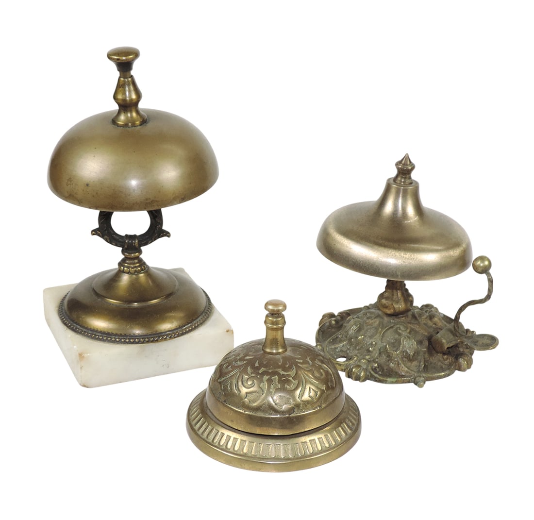 Victorian Call or Service Bells (3), unmarked brass, marble base, working cond, c. early 1900s, Exc (1 of 1)