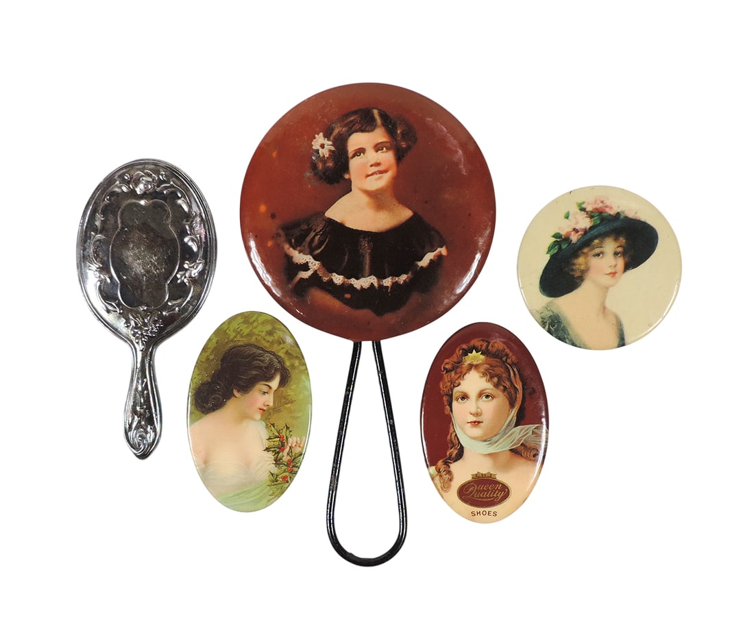 Victorian Vanity Items (5), Hand Mirror w/wire handle, 3 Pocket Mirrors, 1 w/Queen Quality Shoes ... (1 of 2)