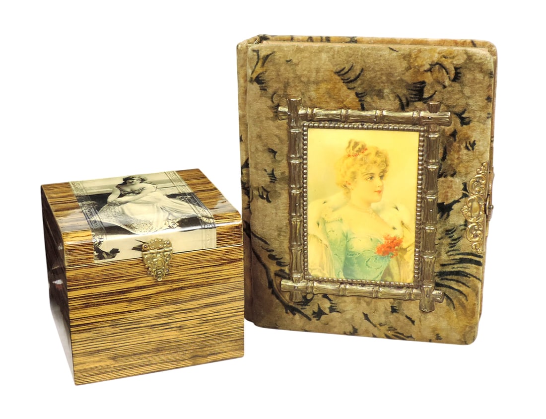 Victorian Cabinet Card Album & Dresser Box, 13 heavy cardstock pgs filled w/24 Cabinet Cards, gil...: Victorian Cabinet Card Album & Dresser Box, 13 heavy cardstock pgs filled w/24 Cabinet Cards, gilded bronze/brass clasps/accents, Young Woman w/fur cap celluloid cover, velvet material wrapped wood & 