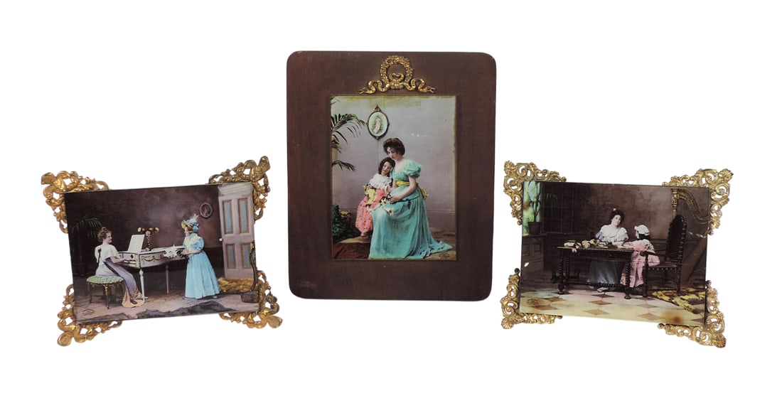 Victorian Sepia Tone Prints (3), each print is behind glass, ornate metal filigree embellishments...: Victorian Sepia Tone Prints (3), each print is behind glass, ornate metal filigree embellishments, wood back w/wire easel back on one, c. late 1800s-early 1900s, Exc cond, up to H 7.5 x W 6.25 in.