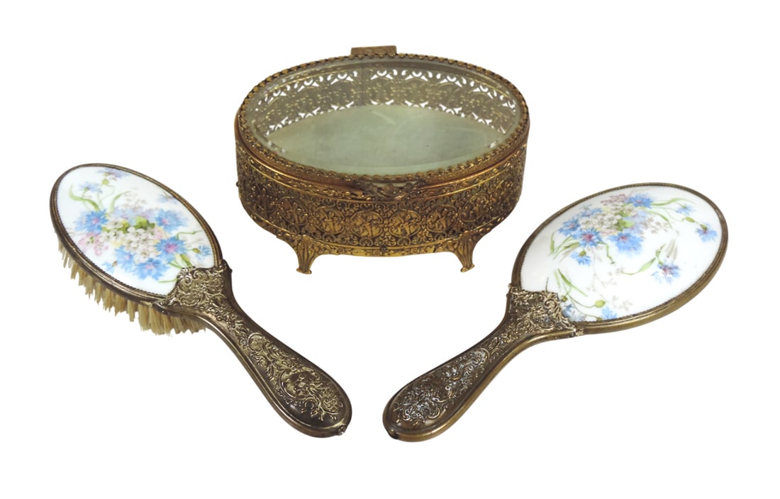 Victorian Vanity Items (3), Hand Mirror & Hairbrush, beautiful flowers on porcelain, features rep... (1 of 2)