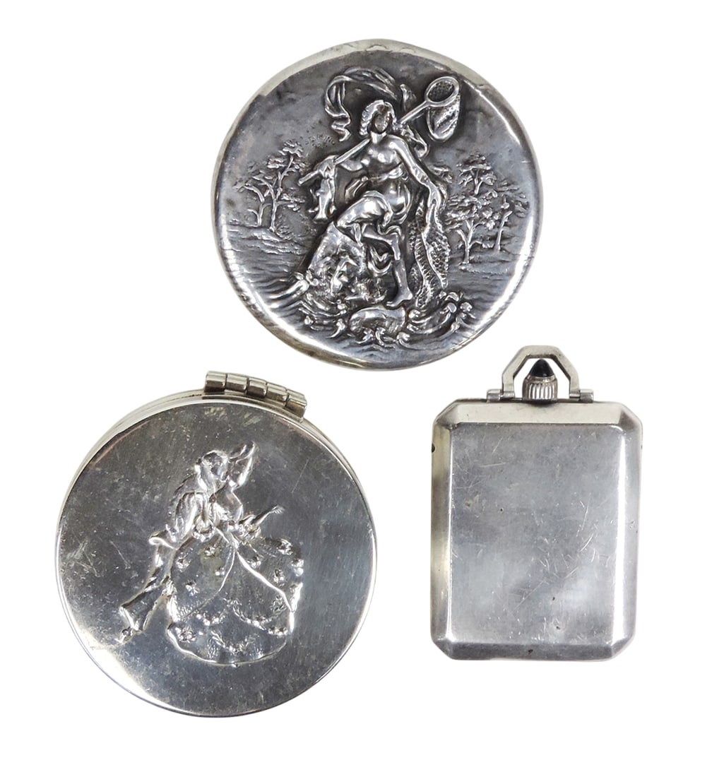 Victorian Vanity Items (3), Powder/Pill Case, dancing couple, 2 compartments, embossed LA MAY/Nic... (1 of 2)