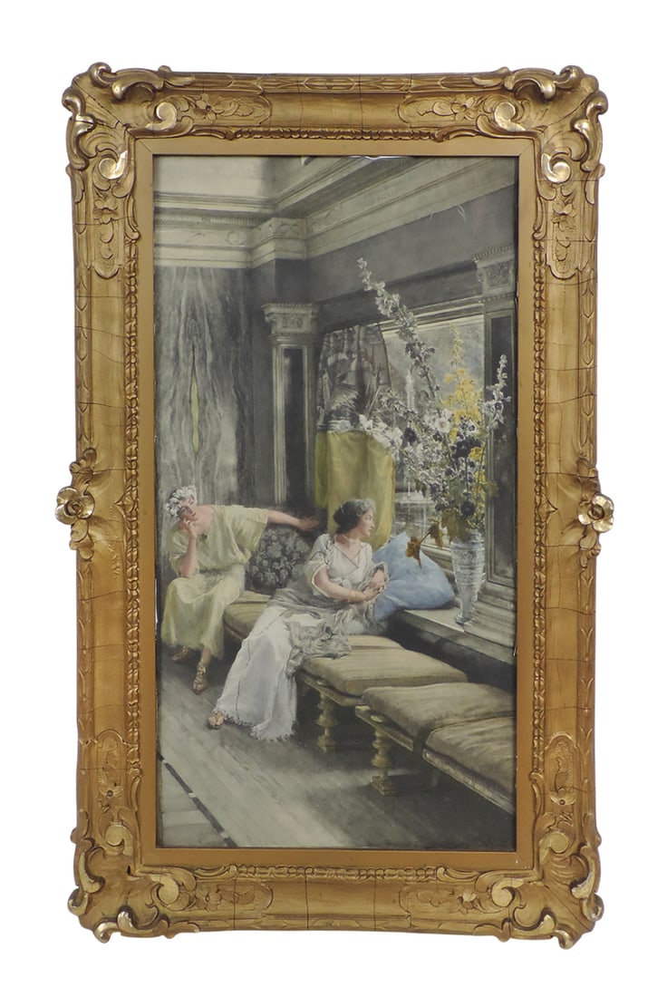 Victorian "Vain Courtship" Litho print, Lawrence Alma Tadema reproduction, glass/wood/plaster/gol... (1 of 1)