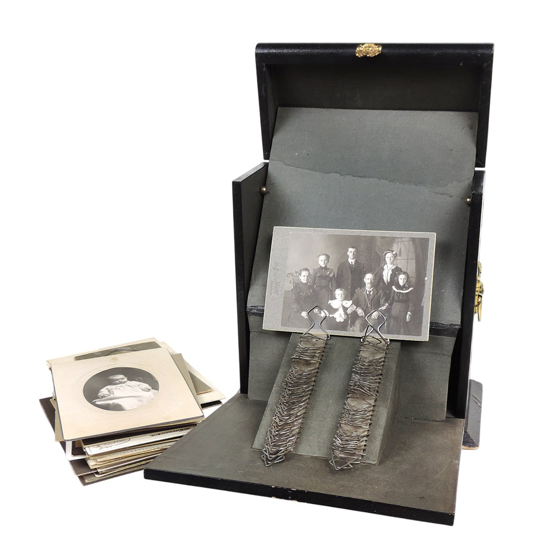 Stereoview Storage Case/Cabinet Cards (37), wood w/hinged front panel, celluloid floral front w/b... (1 of 5)