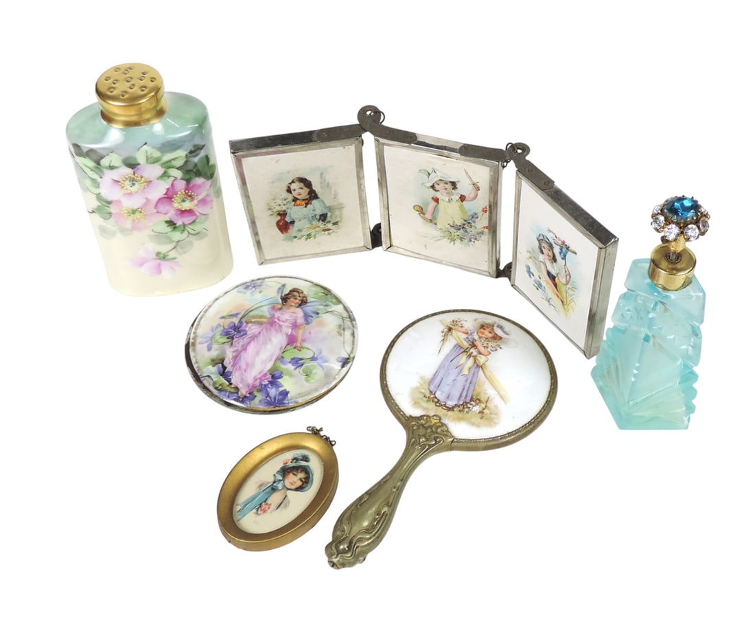 Victorian Vanity Items (6), all w/beautiful women, children or flowers, Porcelain Mirror, hand held (1 of 3)