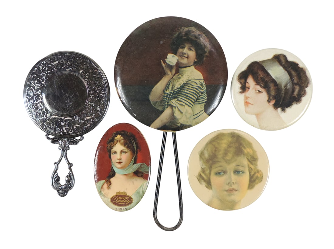 Advertising Pocket Mirrors (5), Hand Mirror, celluloid w/wire handle, 3 Pocket Mirrors, 1 w/Queen... (1 of 2)