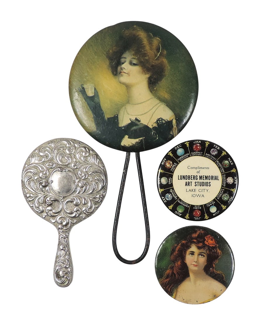 Advertising Pocket Mirror & More (4), Victorian Hand Mirror, celluloid w/wire handle, 2 Pocket Mi... (1 of 2)