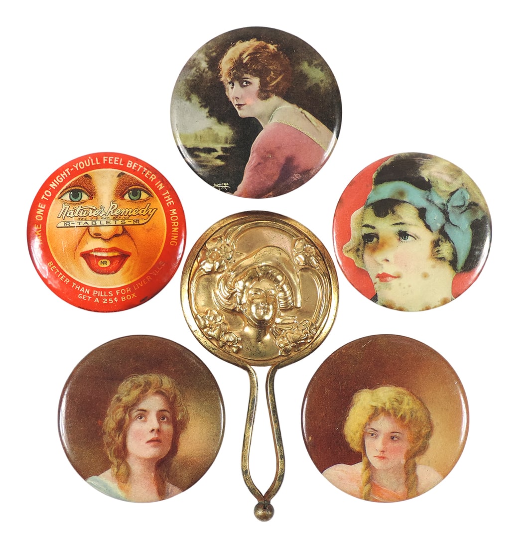 Advertising Pocket Mirror & More (6), advertising Nature's Remedy NR-Tablets-NR, celluloid fronts...: Advertising Pocket Mirror & More (6), advertising Nature's Remedy NR-Tablets-NR, celluloid fronts/some foxing, Mini Mirror, handheld/gold-plated & Compact Powder Case, celluloid & metal w/spinning bac