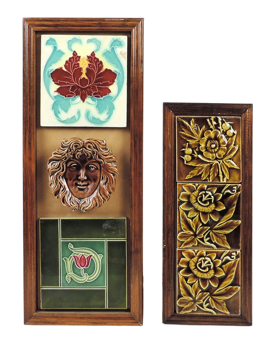 Art Nouveau Ceramic Tile Artwork (2), mounted on a wooden board and framed, featuring floral/myth... (1 of 1)