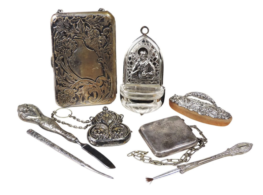 Art Nouveau Coin Cases/Vanity Items (8), Chatelaine Coin Compact Purse, depress clasp, 3 spring-l... (1 of 3)