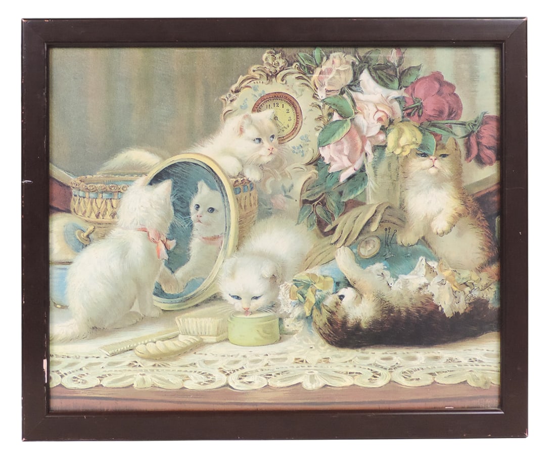 Art Nouveau Print "The Five Seasons" by H.G. Plumb, pictures five kittens playing on a vanity tab... (1 of 1)