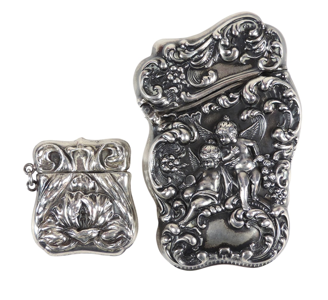 Art Nouveau STERLING Stamp Case, repoussÃ© design/hinged lid, embossed STERLING & STERLING (1 of 2)