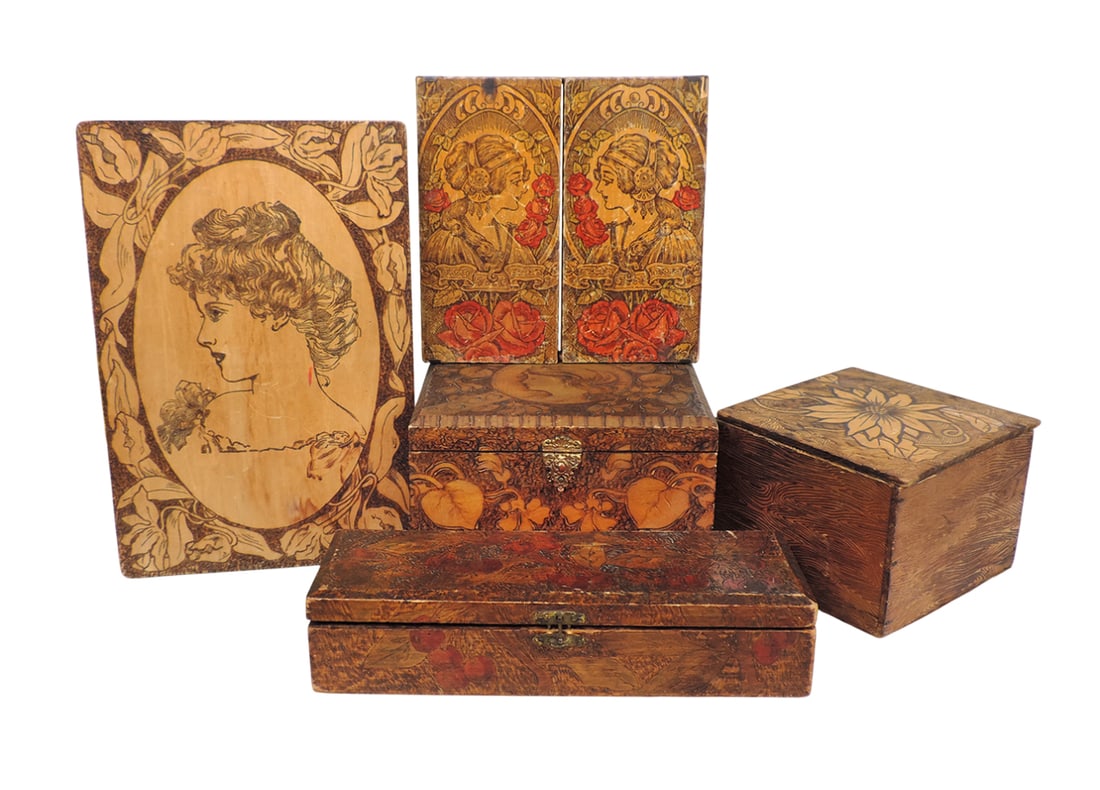 Art Nouveau Wooden Boxes (5), includes Handkerchief/Jewelry/Glove/Trinket, metal/bronze hinges/cl... (1 of 2)