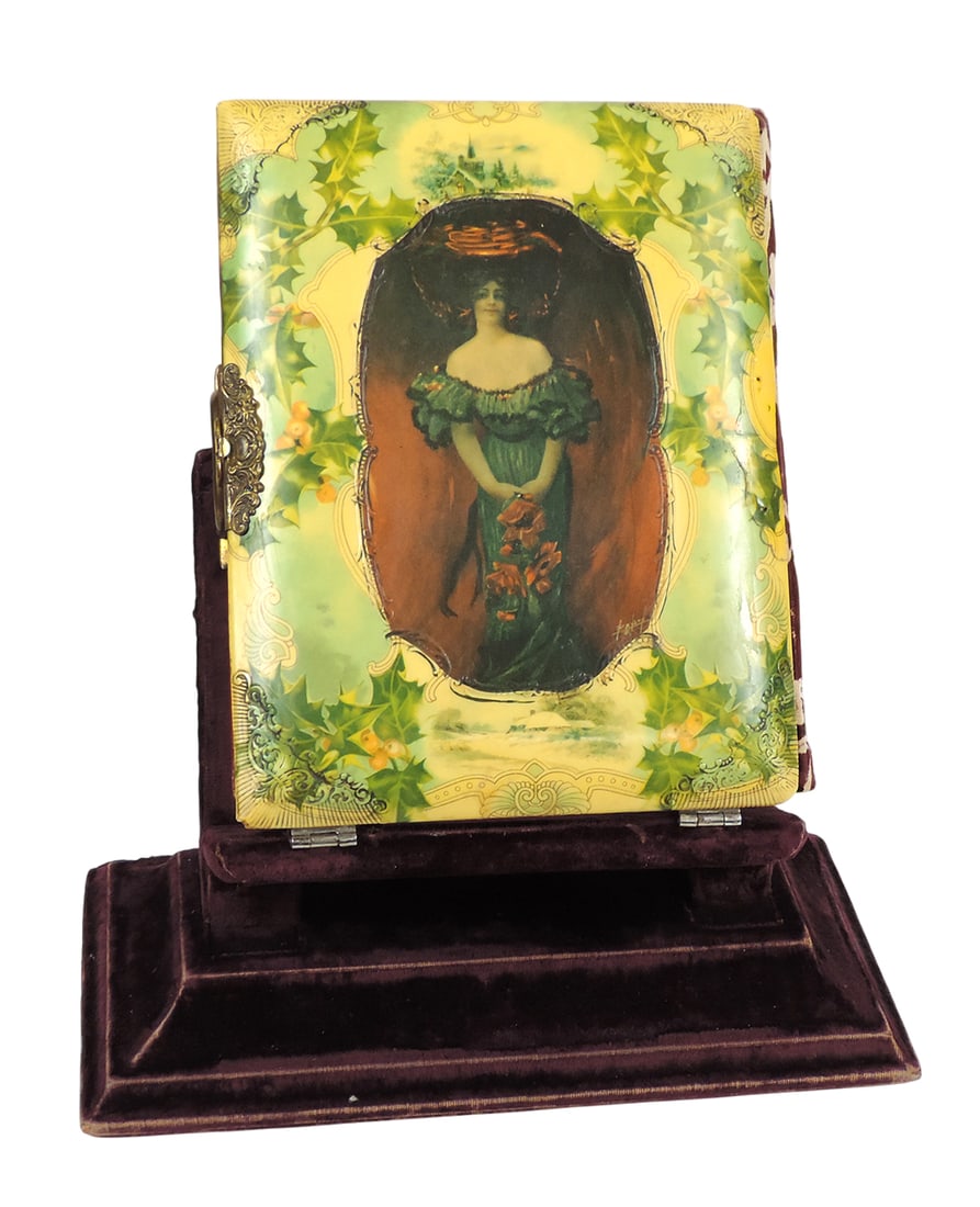 Victorian Cabinet Card Album w/Stand, 12 heavy cardstock pgs, filled w/10 various Cabinet Cards, ...: Victorian Cabinet Card Album w/Stand, 12 heavy cardstock pgs, filled w/10 various Cabinet Cards, gilded bronze/brass clasps/accents, Woman w/drop shoulder dress celluloid cover & velvet covering over 