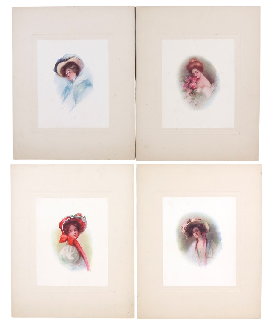 Victorian Lady Lithograph Prints (4), Copyright 1907 By A. Fox, adhered to embossed matt/cardboard,: Victorian Lady Lithograph Prints (4), Copyright 1907 By A. Fox, adhered to embossed matt/cardboard, prints do show slight browning spots in areas, one matt has tear/bend on bottom right, VG+ cond w/mi