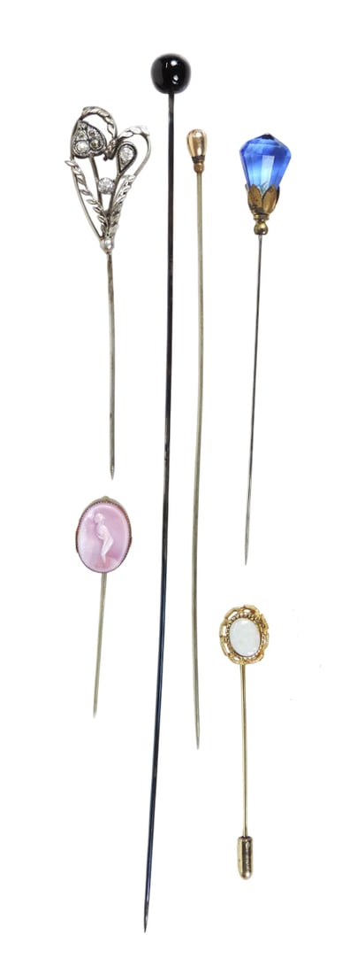Art Deco Hat Pins & Stick Pens (6), includes Opal/gold-tone, Cameo, Blue Stone, silver-toned meta...: Art Deco Hat Pins & Stick Pens (6), includes Opal/gold-tone, Cameo, Blue Stone, silver-toned metal & /rhinestone, black/gold, c. early-mid 1900s, Exc cond, H 9 in.