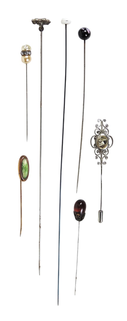 Art Deco Hat Pins & Stick Pins (7), includes various pins w/rhinestones, colored stones, plastic ...: Art Deco Hat Pins & Stick Pins (7), includes various pins w/rhinestones, colored stones, plastic & metal, c. early-mid 1900s, Exc cond, H 8.5 in.