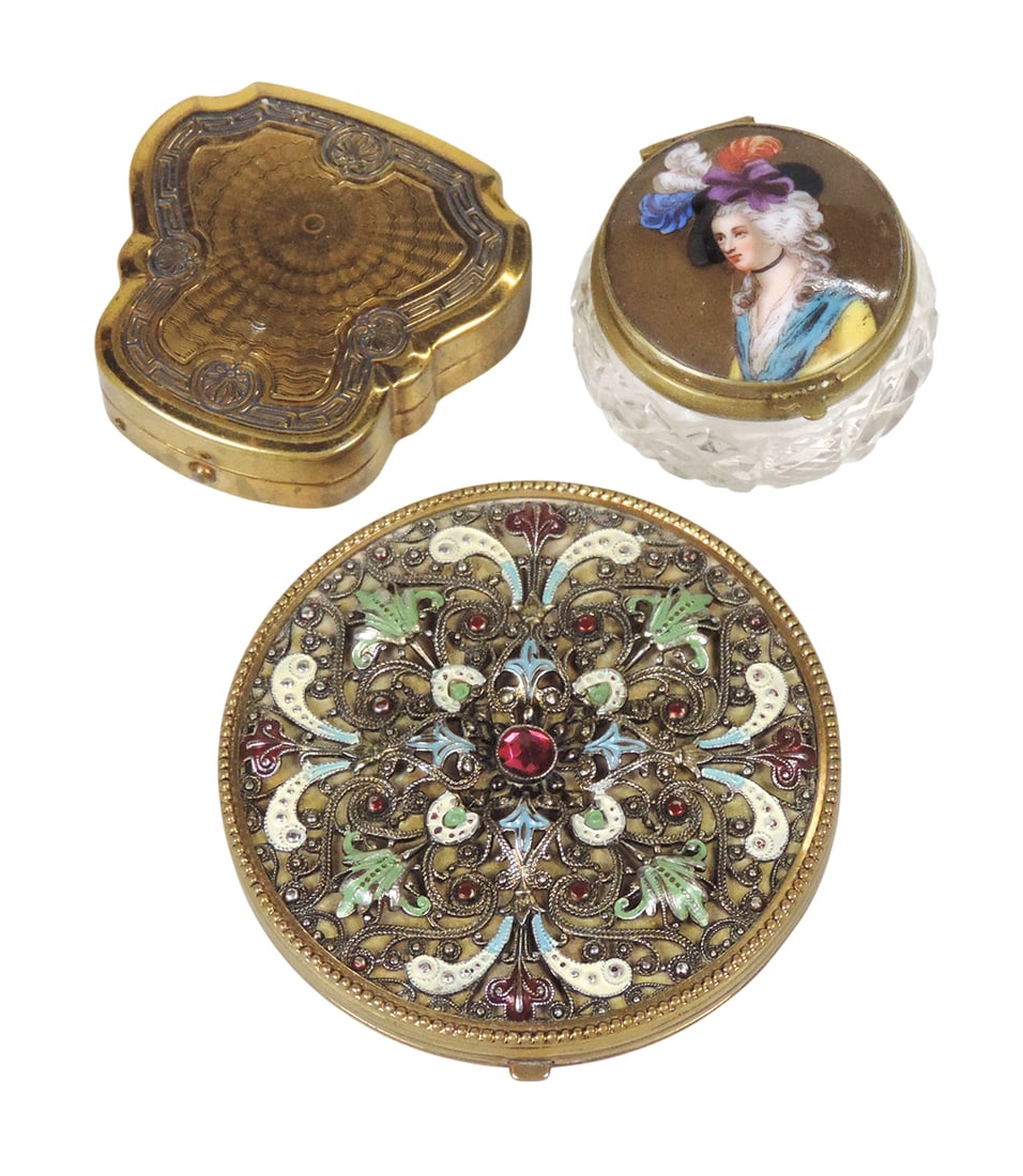 Art Deco Vanity Items (3), Karess Woodworth Powder/Rouge Compact, gold-tone, Evans gold ormolu fi... (1 of 3)