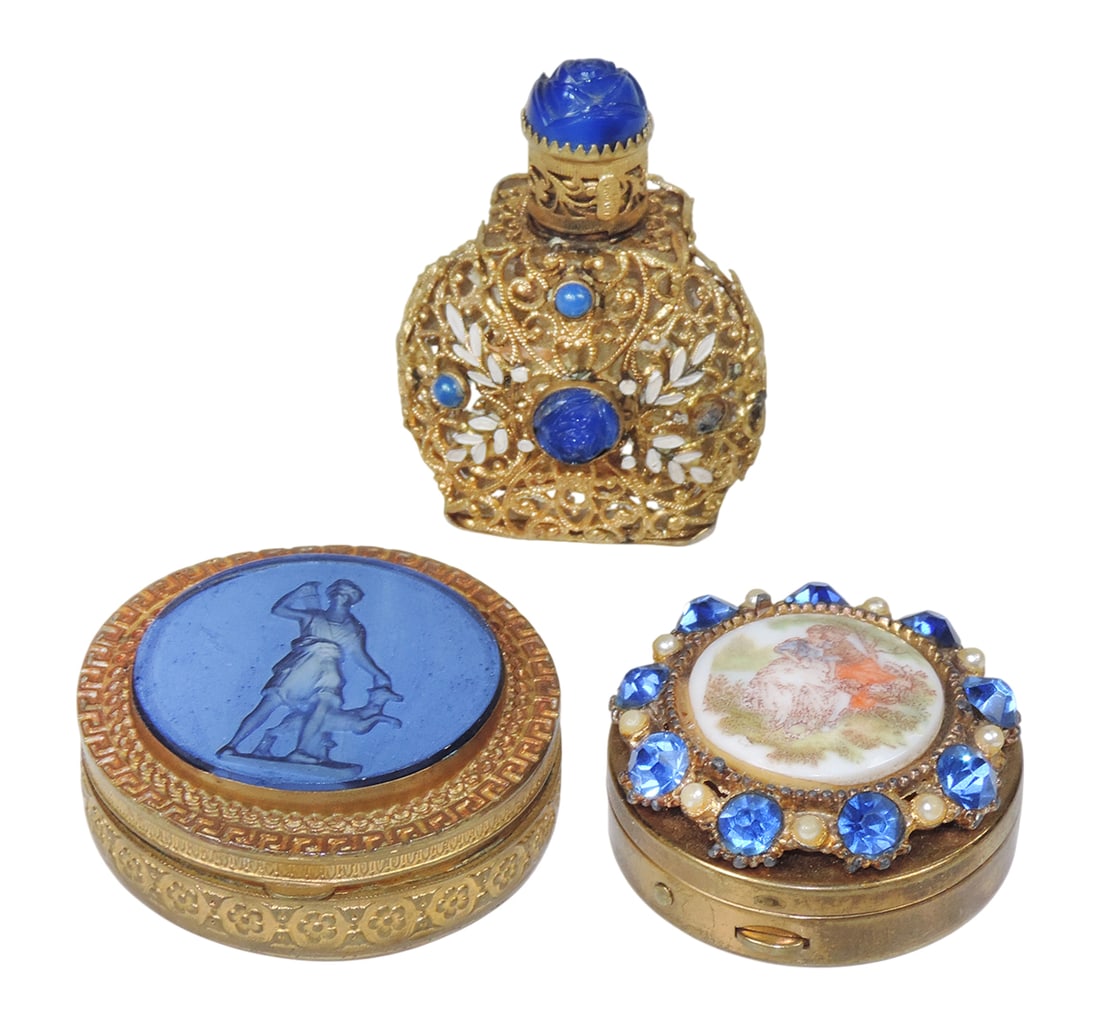 Art Deco Vanity Items (3), Perfume Bottle, filigree/glass, Pill Box, rhinestone/porcelain & Pill ... (1 of 3)