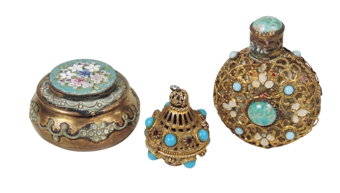 Art Deco Vanity Items (3), Perfume Bottle, filigree/glass/stones, Pill Box, porcelain floral design (1 of 1)