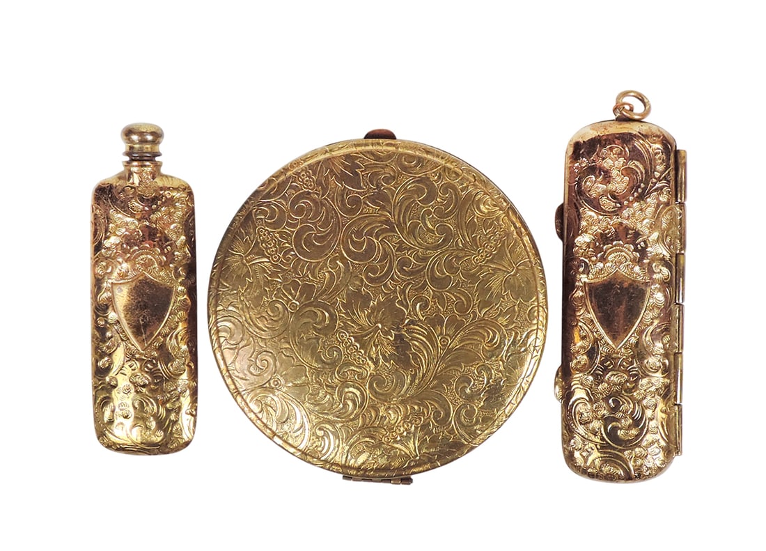 Art Deco Vanity Items (3), Perfume Bottle, Powder Compact & Needle Case, gilded/repoussÃ©  (1 of 1)