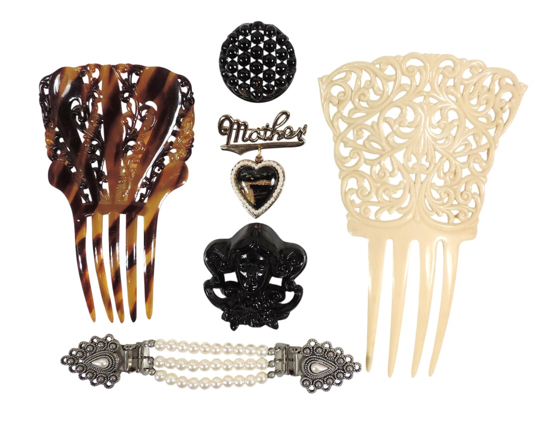Art Deco Vanity Items (6), Mantilla Hair Combs, celluloid w/foliate design, Souvenir Niagara Fall... (1 of 1)
