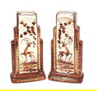 Art Deco Vase, hand-painted, rectangular w/stepped sides w/glossy brown glaze, central white pane...