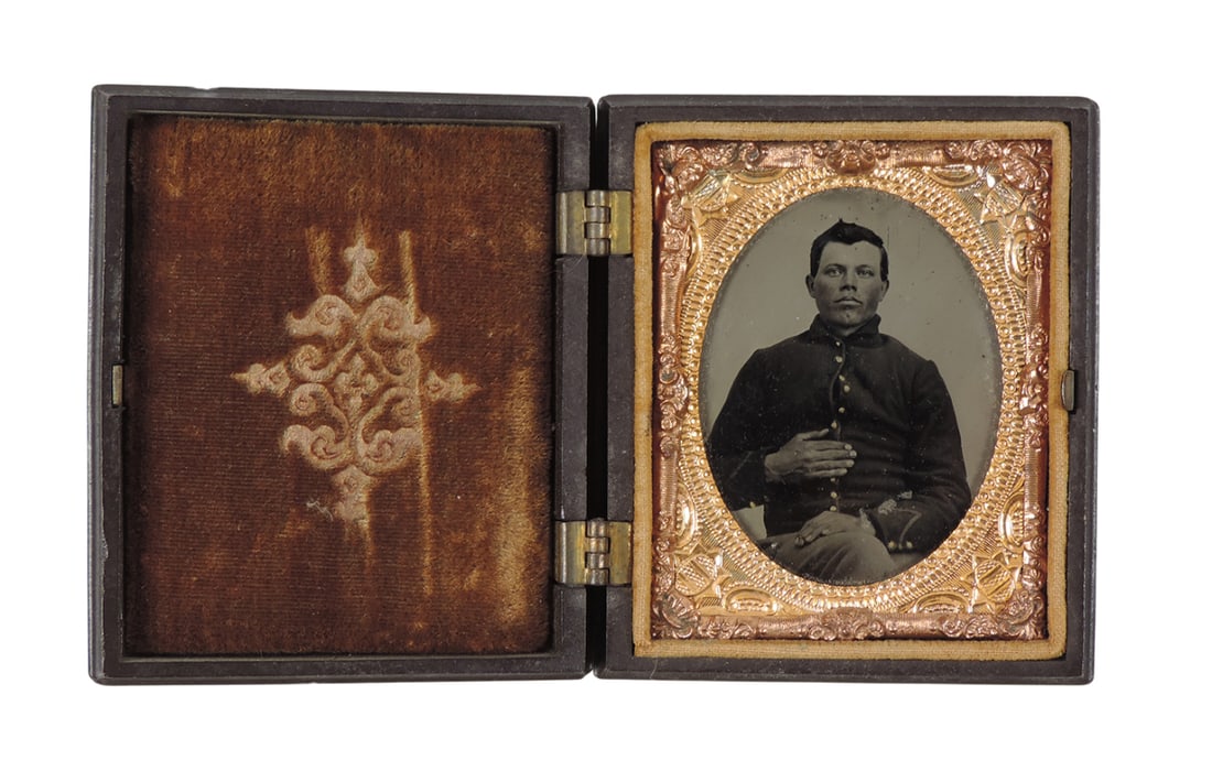 Daguerreotype Case w/Soldier Ambrotype, Thermoplastic Case w/metal hinge, \c. mid-later 1800s, Ex... (1 of 2)