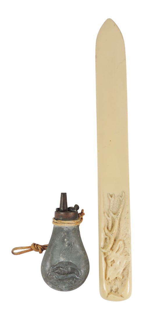 Gunpowder Flask, copper/brass w/embossed animals, leather strap & Knife Object, carved w/Elk head...: Gunpowder Flask, copper/brass w/embossed animals, leather strap & Knife Object, carved w/Elk head, possibly resin/plastic, does have crack towards the top, very delicate, c. early 1900s, Exc cond, up